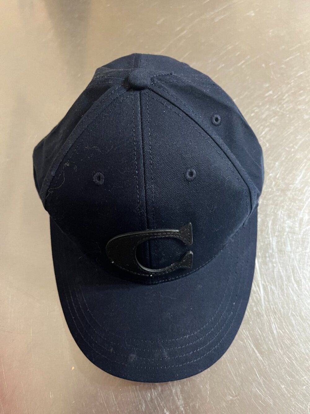 COACH Navy Varsity Baseball Cap with Black Leather C Logo